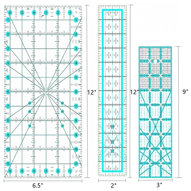 ZICALSO Quilting Rulers,7 Quilting Ruler Templates(4.5"X4.5", 6"X6", 9.5"X9.5", 12.5"X12.5",6.5"x12",2"x12",3"x9"),Acrylic Rulers Fabric Cutting Ruler with Non-Slip Rings for Quilting and Sewing - Image 5